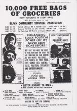 Scanned black and white image of a poster advertising "10,000 Free Bags of Groceries" at a community event and photos of featured speakers