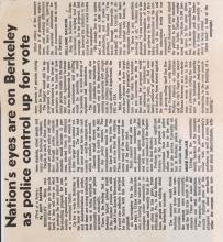 Scanned image of a news article with the headline "Nation's eyes are on Berkeley as police control up for vote"