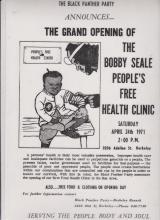 Scanned image of a black and white poster advertising "The Grand Opening of the Bobby Seale People's Free Health Clinic." There is a graphical illustration of a doctor treating a young patient on the left side of the poster