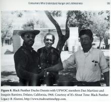 Black and white scan of three men looking at the camera with a farm in the background