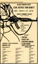 Graphic poster on a yellow background for a Black Panther Party Benefit headlined by Santana among other musicians. A graphical illustration of a person holding a gun is visible in the top left corner