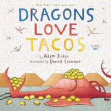 Illustrated dragon lying down with a pile of tacos on his tummy and mouth