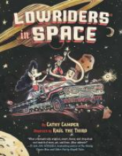 Lowriders in space book cover depicting lowrider car traveling through solar system