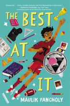 Child with short black wavy hair flying through the air with an arm reached forward among scattered school supplies