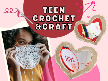 Teenager holding up a crochet project and photos of craft materials