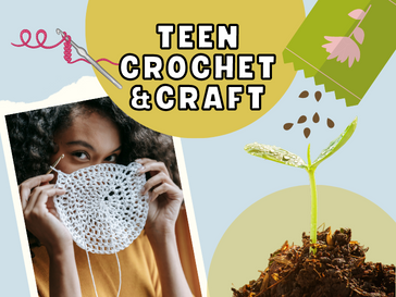 Teenager holding up a crochet project and photos of craft materials