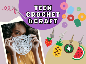 Teenager holding up a crochet project and photos of craft materials