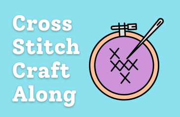 The words "Cross Stitch Craft Along" next to a cartoon embroidery hoop